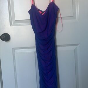 Blue Ruched Dress with Pink Straps